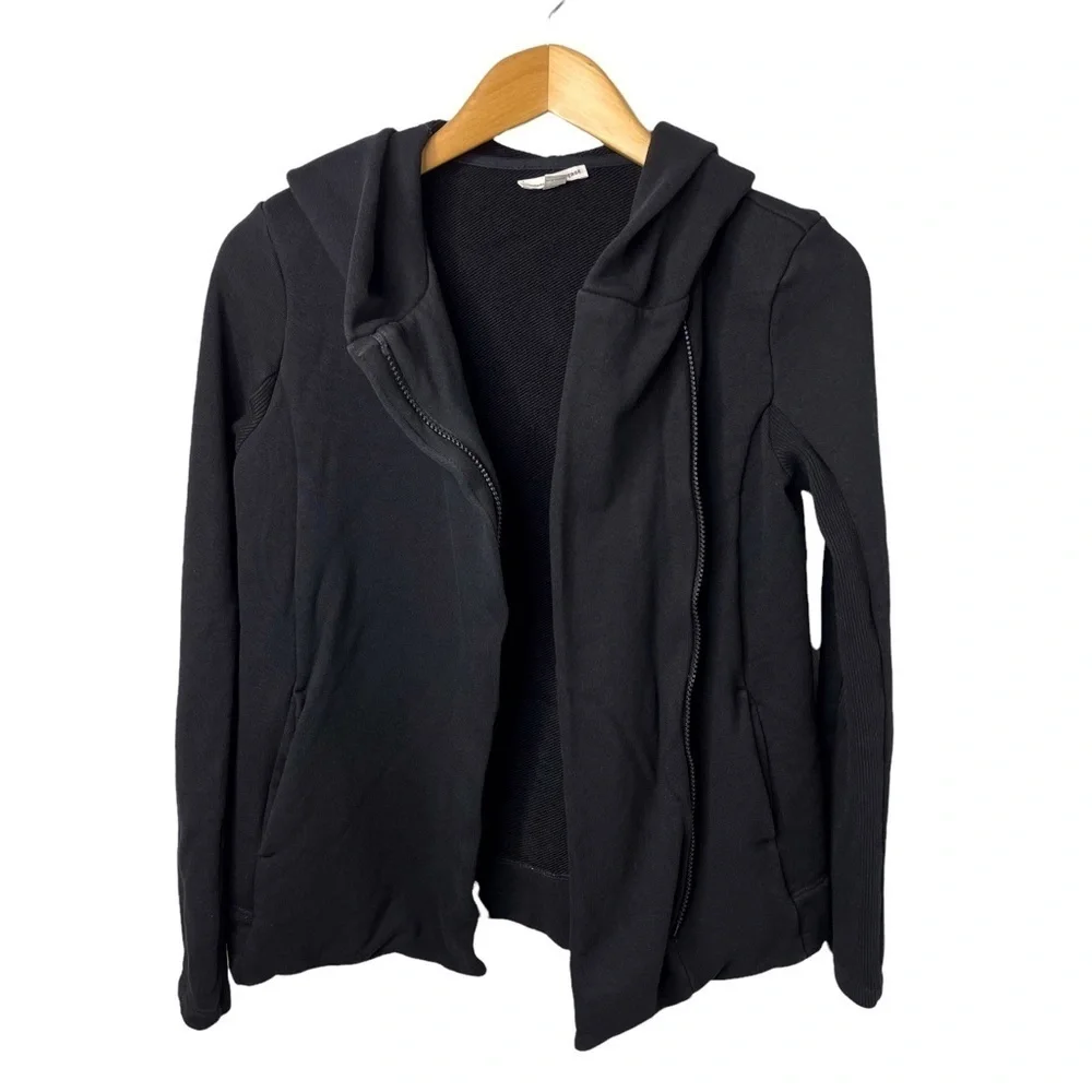 James Perse Hooded Fleece Zip Up Jacket Sweatshirt Black Size 2 Asymmetrical - Picture 4 of 7